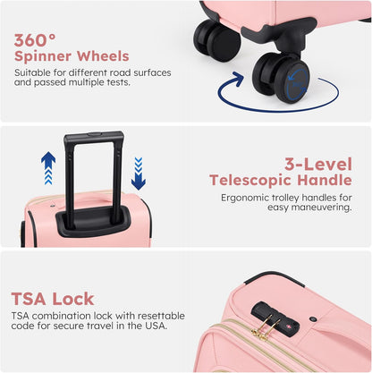 Softside Expandable Carry On Luggage, 20in Carry on Suitcase with Wheels | 22x14x9 Airline Approved Luggage with TSA Lock/Front-Access 15.6in Device Compartment/4 Packing Bags For Travel Business Trip
