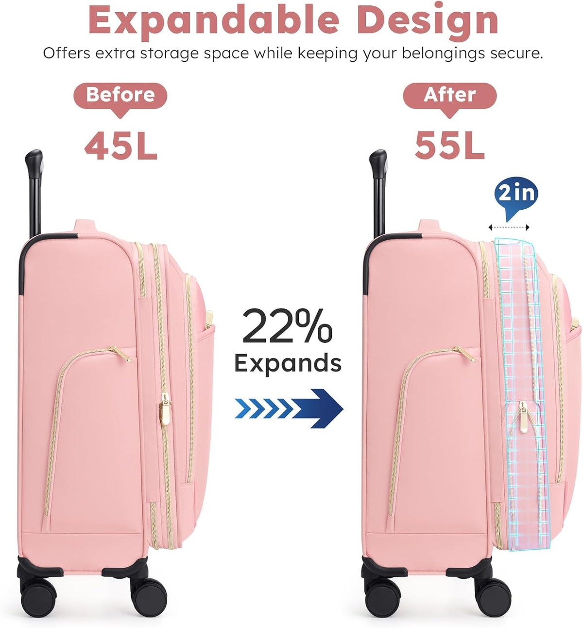 Softside Expandable Carry On Luggage, 20in Carry on Suitcase with Wheels | 22x14x9 Airline Approved Luggage with TSA Lock/Front-Access 15.6in Device Compartment/4 Packing Bags For Travel Business Trip