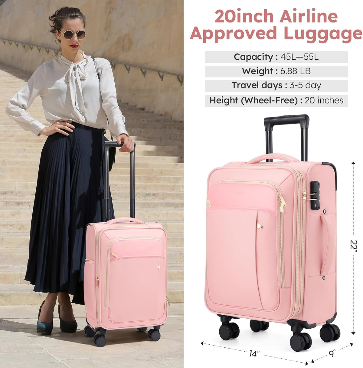 Softside Expandable Carry On Luggage, 20in Carry on Suitcase with Wheels | 22x14x9 Airline Approved Luggage with TSA Lock/Front-Access 15.6in Device Compartment/4 Packing Bags For Travel Business Trip