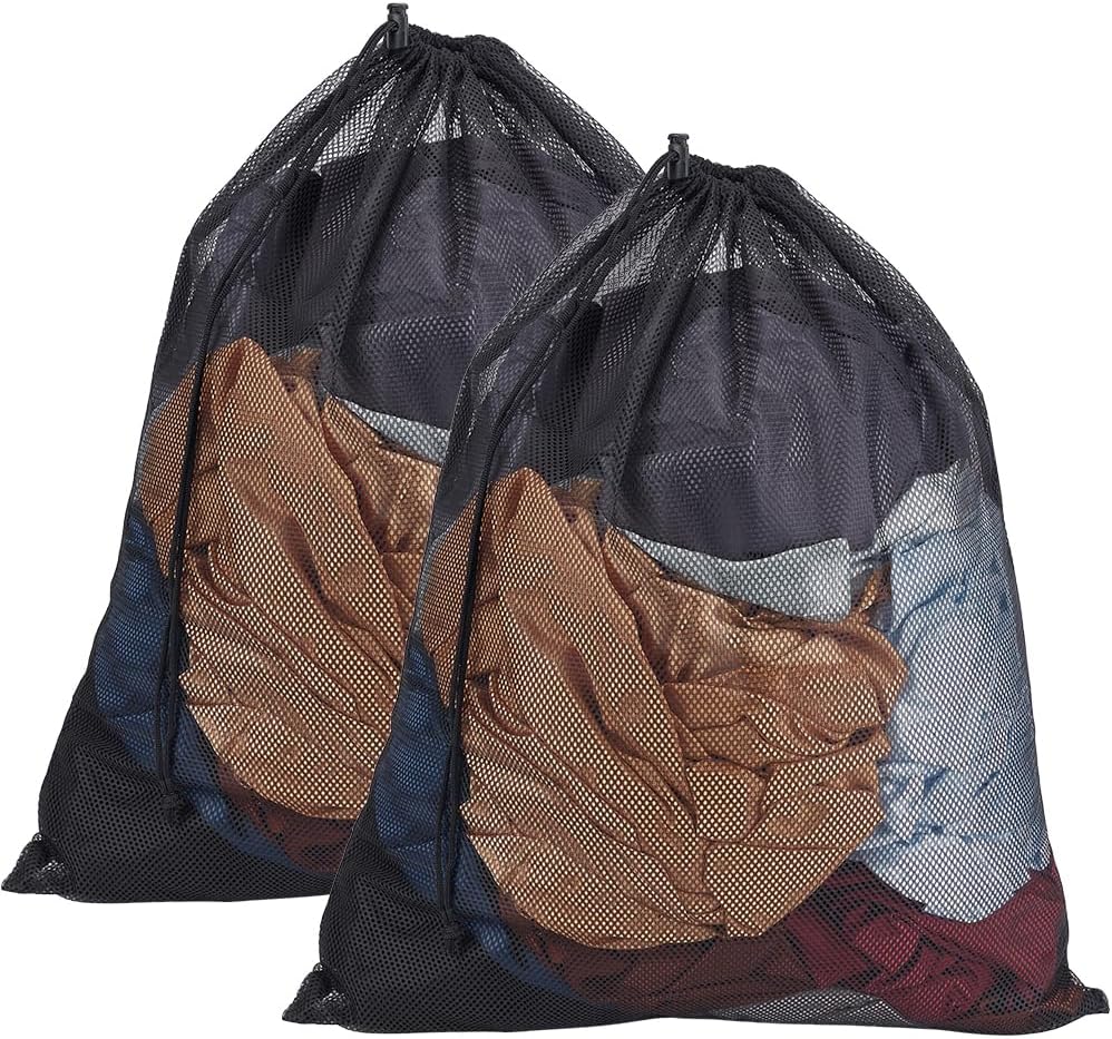 2Pcs Mesh Laundry Bags 62x49cm Drawstring Organizer Washing Bags Black Reusable Machine Washable Net Pouch Sack Case for Underwear Socks Delicates Clothes Home Travel Hotel Supplies
