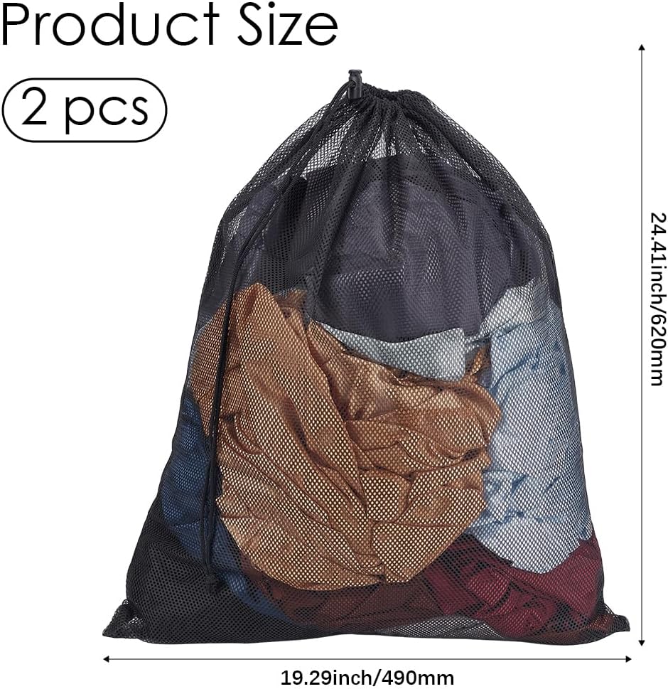2Pcs Mesh Laundry Bags 62x49cm Drawstring Organizer Washing Bags Black Reusable Machine Washable Net Pouch Sack Case for Underwear Socks Delicates Clothes Home Travel Hotel Supplies