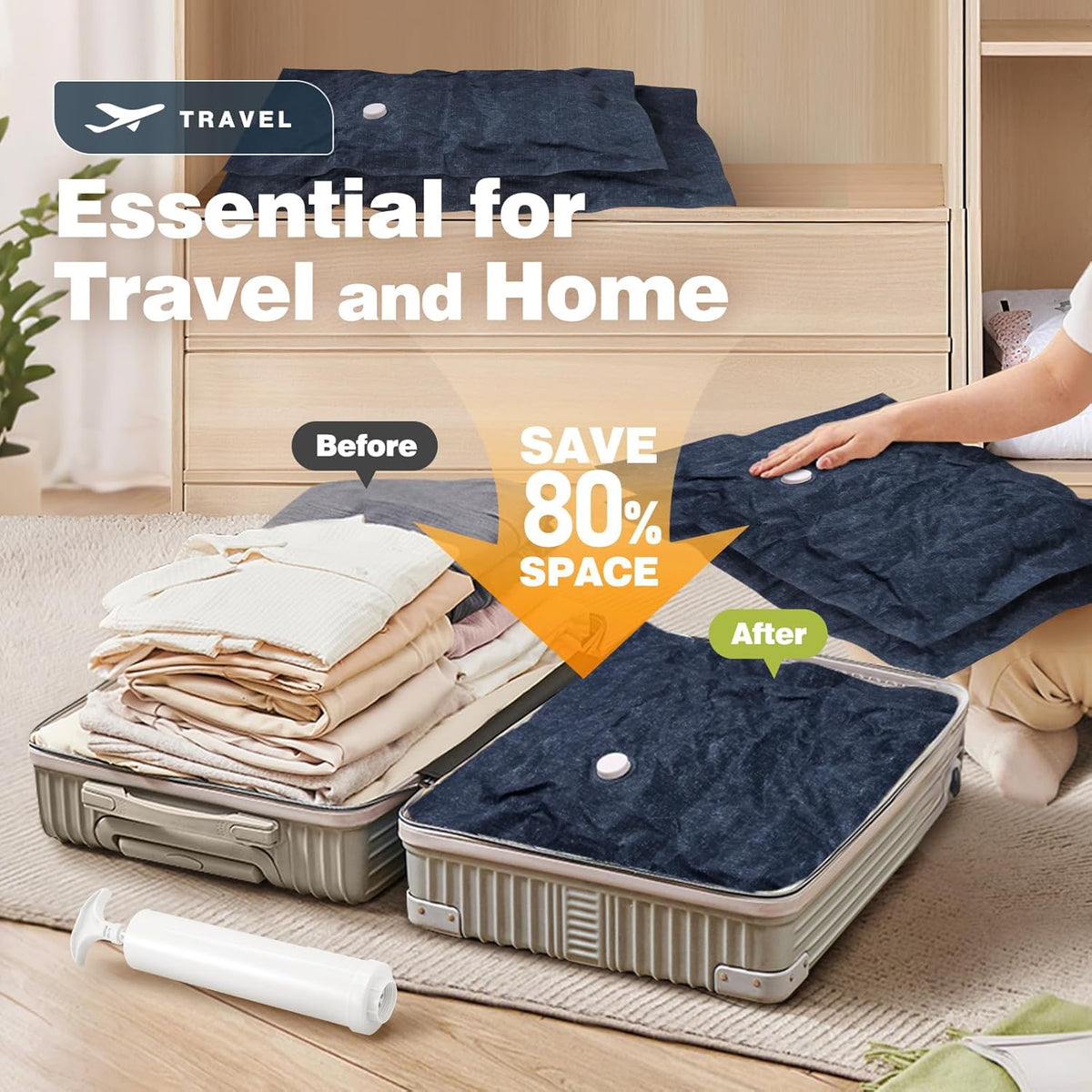 6 Pack Cloth Vacuum Storage Bags, Vacuum Seal Bags for Clothing with Hand Pump, 2 Large+4 Medium, 80% Space Saver Bags for Luggage, Comforters,Blankets, Home Travel Essentials(Demin)