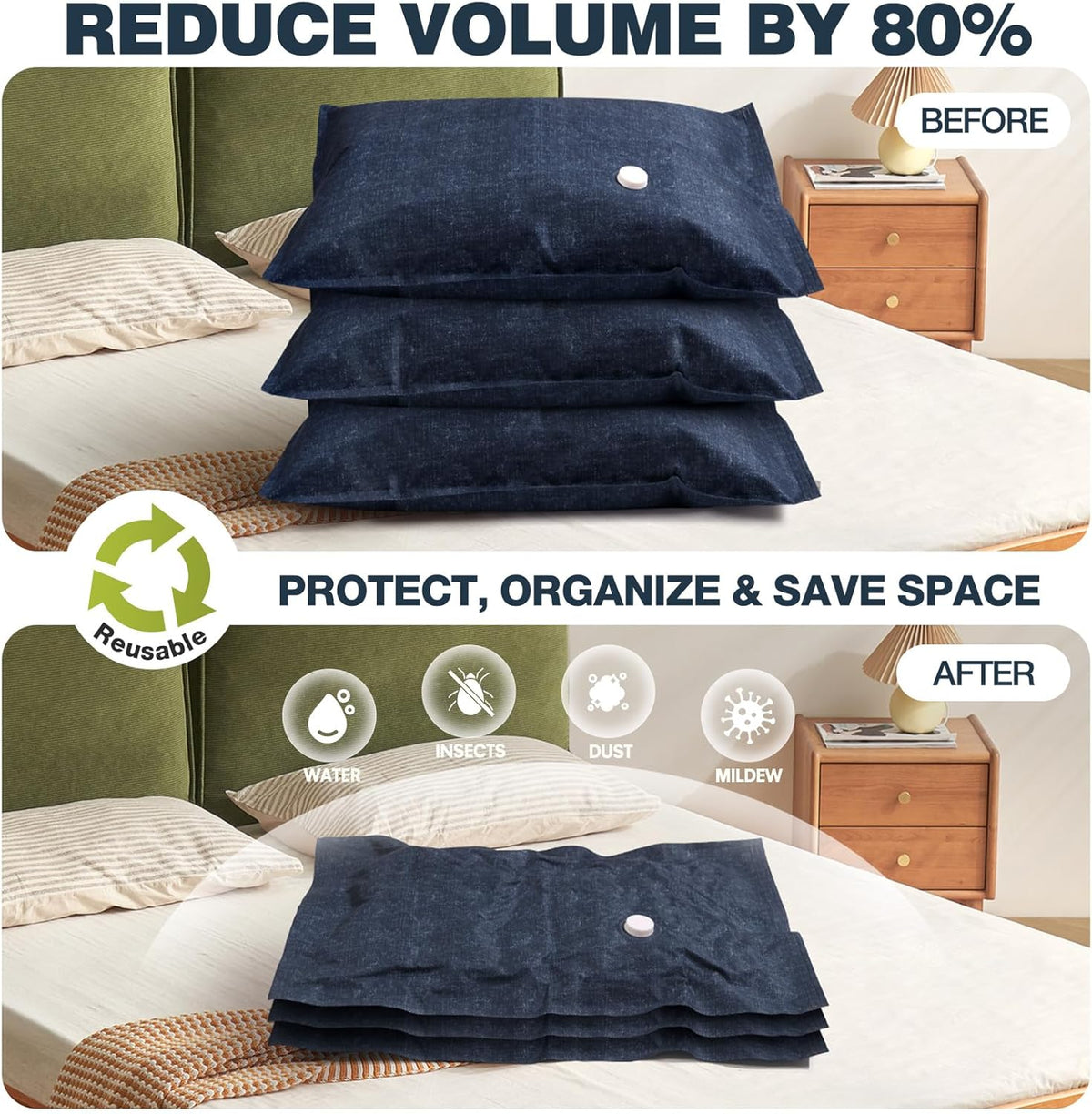 6 Pack Cloth Vacuum Storage Bags, Vacuum Seal Bags for Clothing with Hand Pump, 2 Large+4 Medium, 80% Space Saver Bags for Luggage, Comforters,Blankets, Home Travel Essentials(Demin)