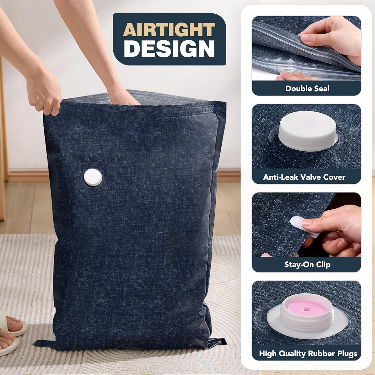 6 Pack Cloth Vacuum Storage Bags, Vacuum Seal Bags for Clothing with Hand Pump, 2 Large+4 Medium, 80% Space Saver Bags for Luggage, Comforters,Blankets, Home Travel Essentials(Demin)