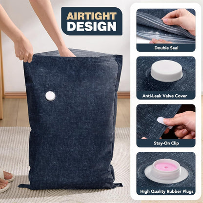 6 Pack Cloth Vacuum Storage Bags, Vacuum Seal Bags for Clothing with Hand Pump, 2 Large+4 Medium, 80% Space Saver Bags for Luggage, Comforters,Blankets, Home Travel Essentials(Demin)