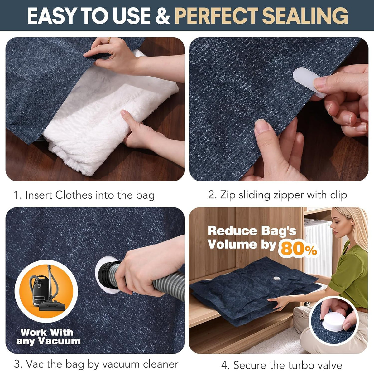 6 Pack Cloth Vacuum Storage Bags, Vacuum Seal Bags for Clothing with Hand Pump, 2 Large+4 Medium, 80% Space Saver Bags for Luggage, Comforters,Blankets, Home Travel Essentials(Demin)