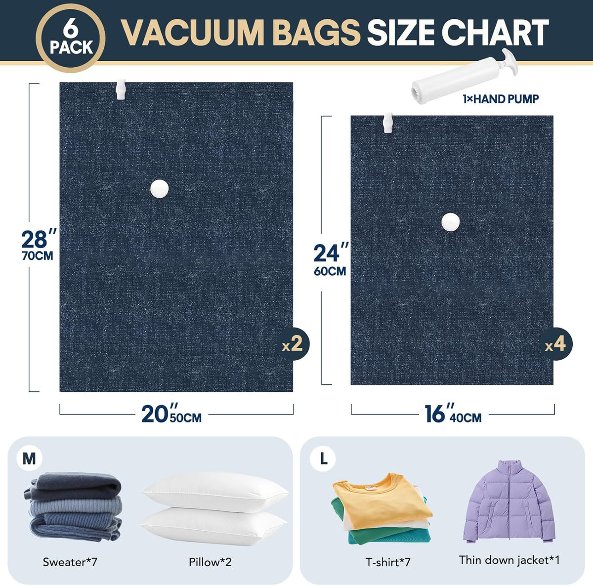 6 Pack Cloth Vacuum Storage Bags, Vacuum Seal Bags for Clothing with Hand Pump, 2 Large+4 Medium, 80% Space Saver Bags for Luggage, Comforters,Blankets, Home Travel Essentials(Demin)