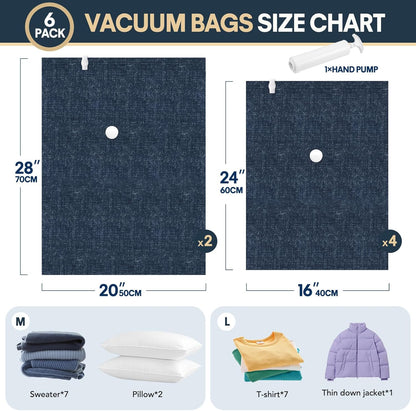 6 Pack Cloth Vacuum Storage Bags, Vacuum Seal Bags for Clothing with Hand Pump, 2 Large+4 Medium, 80% Space Saver Bags for Luggage, Comforters,Blankets, Home Travel Essentials(Demin)