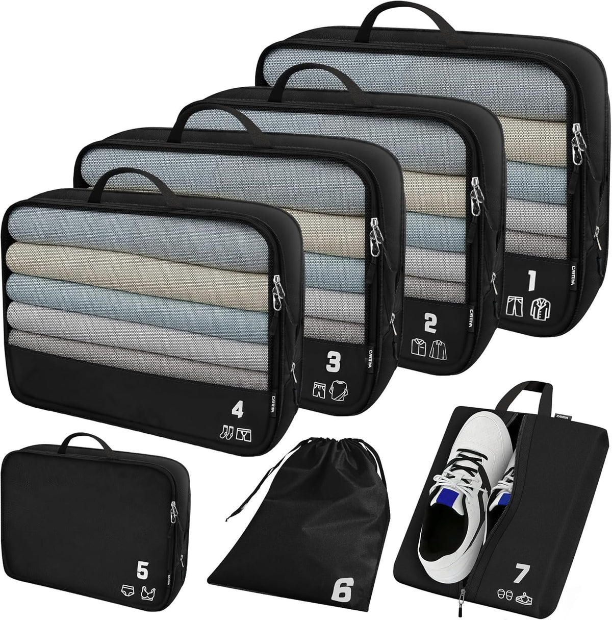 7 Set Compression Packing Cubes for Travel, Luggage Organizer Bags for Suitcases with Mesh Panels, Shoe Bag & Toiletry Bag for Carry On, Vacation & Cruise Essentials (White)