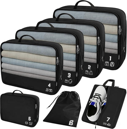 7 Set Compression Packing Cubes for Travel, Luggage Organizer Bags for Suitcases with Mesh Panels, Shoe Bag & Toiletry Bag for Carry On, Vacation & Cruise Essentials (White)