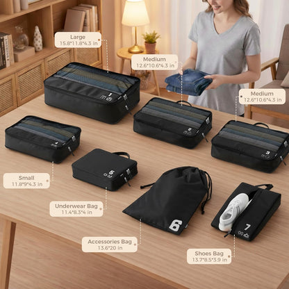7 Set Compression Packing Cubes for Travel, Luggage Organizer Bags for Suitcases with Mesh Panels, Shoe Bag & Toiletry Bag for Carry On, Vacation & Cruise Essentials (White)