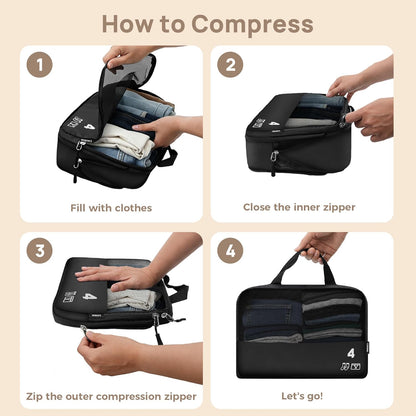 7 Set Compression Packing Cubes for Travel, Luggage Organizer Bags for Suitcases with Mesh Panels, Shoe Bag & Toiletry Bag for Carry On, Vacation & Cruise Essentials (White)