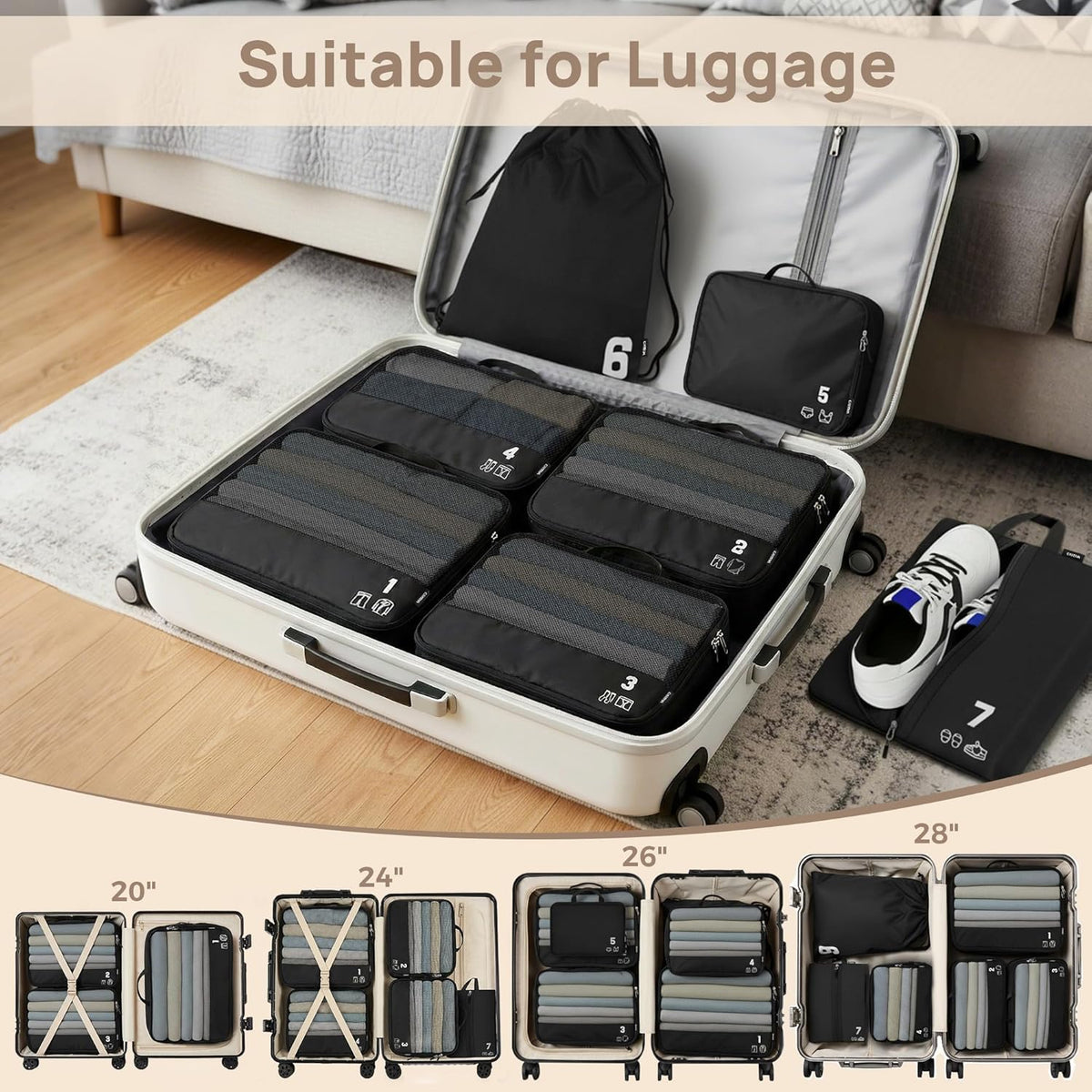 7 Set Compression Packing Cubes for Travel, Luggage Organizer Bags for Suitcases with Mesh Panels, Shoe Bag & Toiletry Bag for Carry On, Vacation & Cruise Essentials (White)