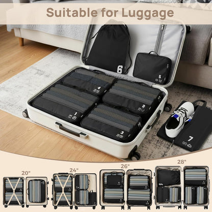 7 Set Compression Packing Cubes for Travel, Luggage Organizer Bags for Suitcases with Mesh Panels, Shoe Bag & Toiletry Bag for Carry On, Vacation & Cruise Essentials (White)