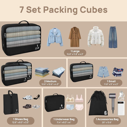7 Set Compression Packing Cubes for Travel, Luggage Organizer Bags for Suitcases with Mesh Panels, Shoe Bag & Toiletry Bag for Carry On, Vacation & Cruise Essentials (White)