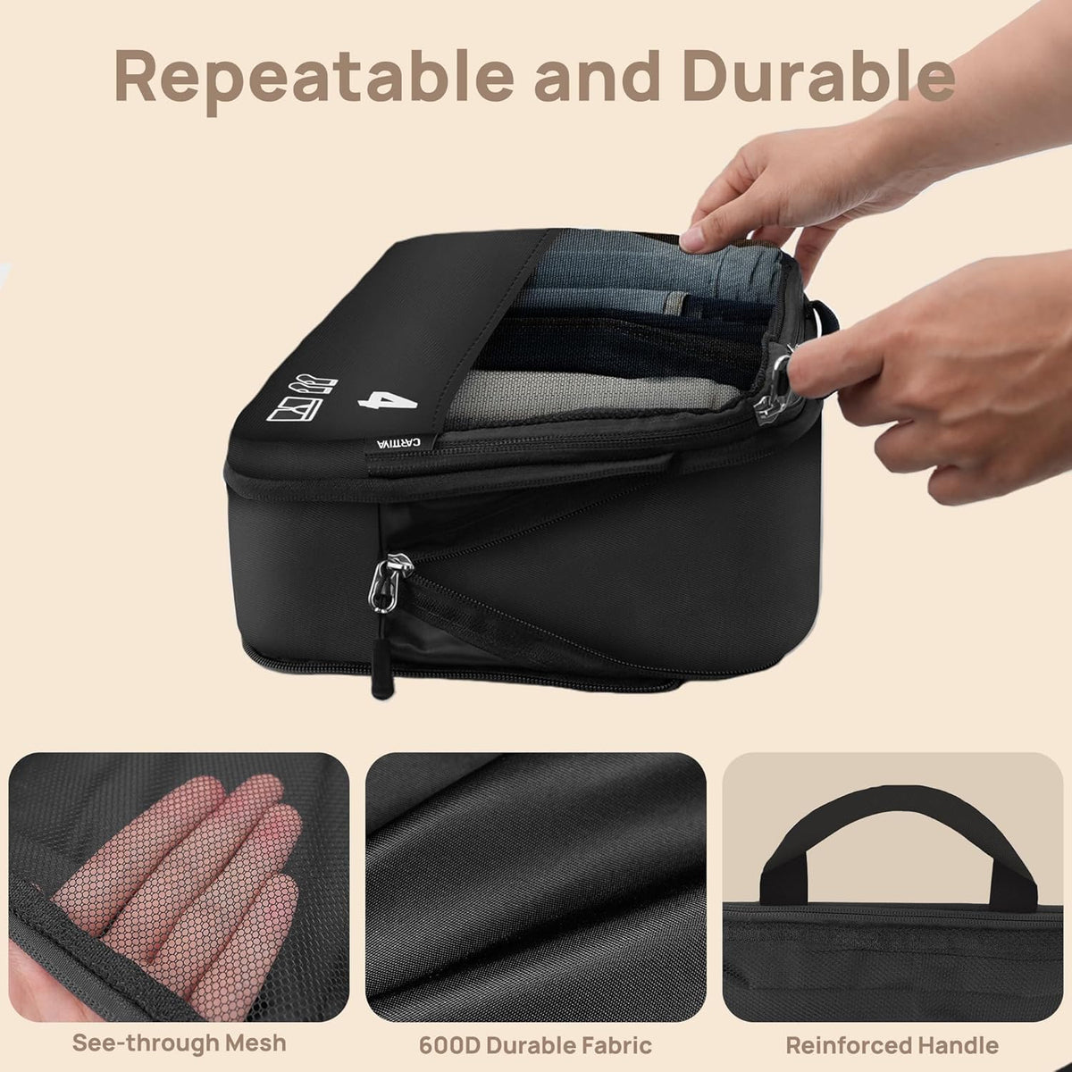 7 Set Compression Packing Cubes for Travel, Luggage Organizer Bags for Suitcases with Mesh Panels, Shoe Bag & Toiletry Bag for Carry On, Vacation & Cruise Essentials (White)