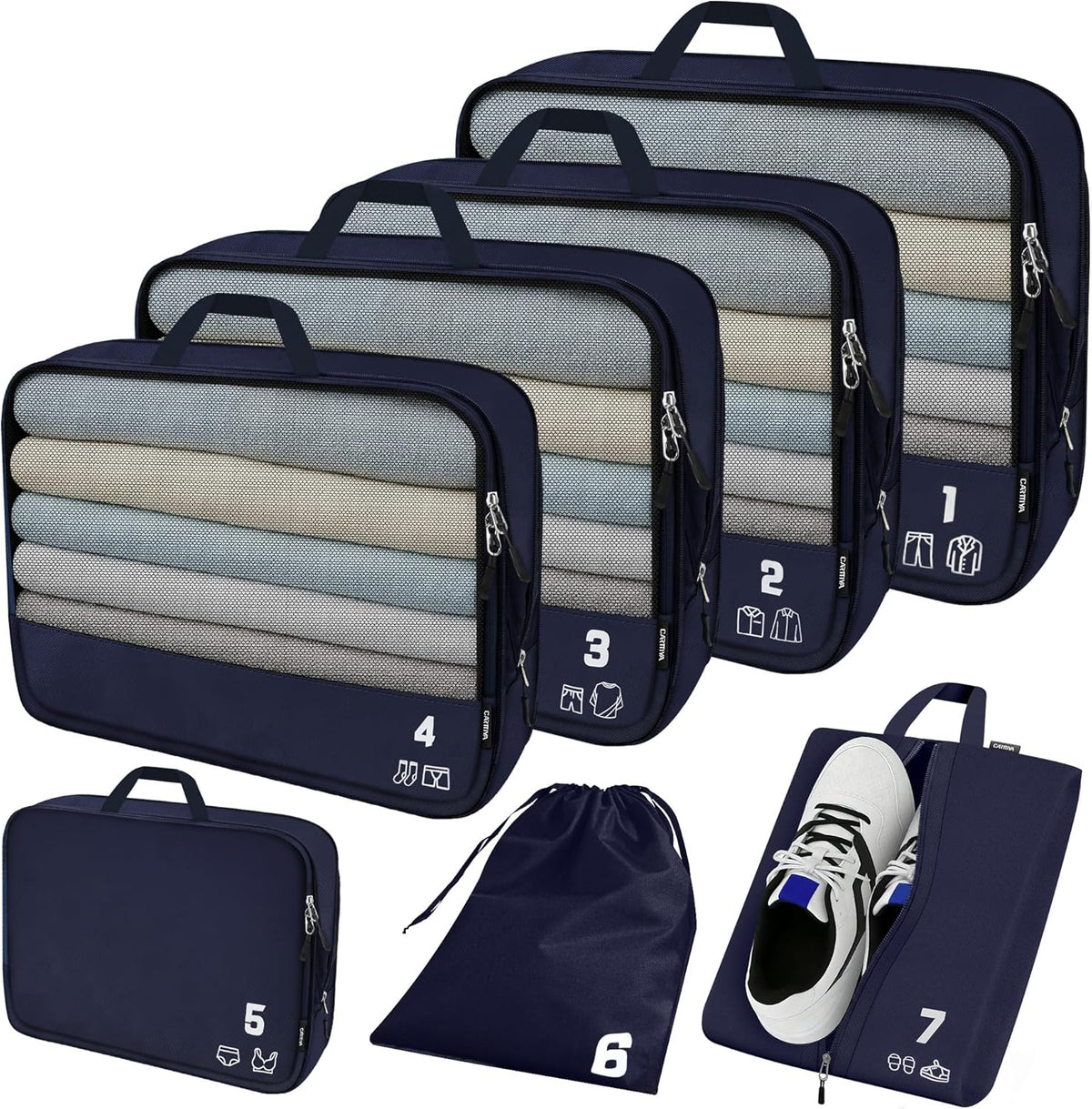 7 Set Compression Packing Cubes for Travel, Luggage Organizer Bags for Suitcases with Mesh Panels, Shoe Bag & Toiletry Bag for Carry On, Vacation & Cruise Essentials (White)