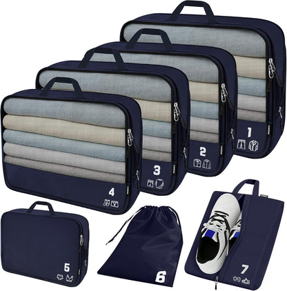 7 Set Compression Packing Cubes for Travel, Luggage Organizer Bags for Suitcases with Mesh Panels, Shoe Bag & Toiletry Bag for Carry On, Vacation & Cruise Essentials (White)
