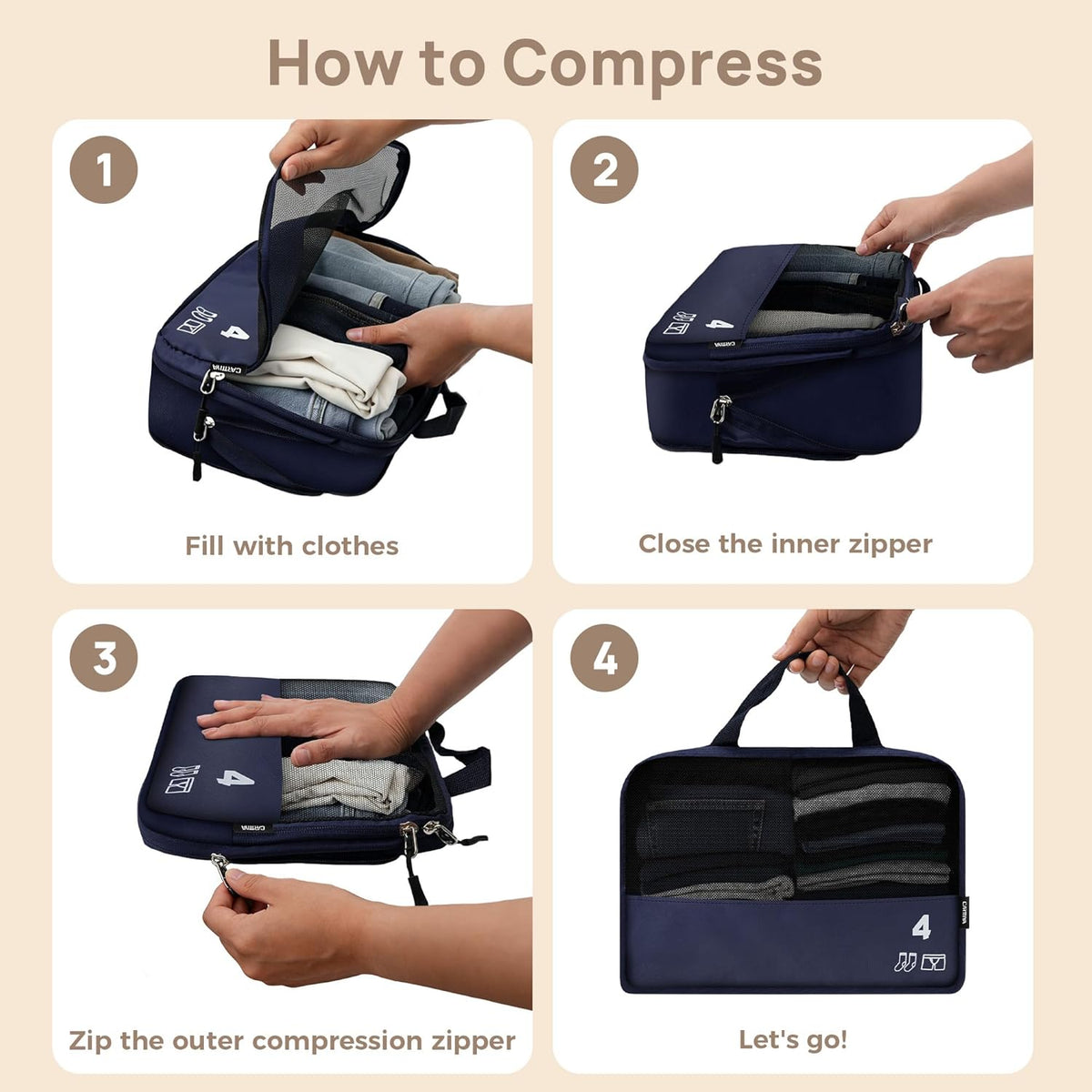 7 Set Compression Packing Cubes for Travel, Luggage Organizer Bags for Suitcases with Mesh Panels, Shoe Bag & Toiletry Bag for Carry On, Vacation & Cruise Essentials (White)