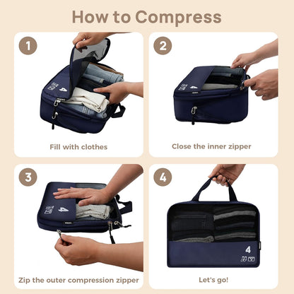 7 Set Compression Packing Cubes for Travel, Luggage Organizer Bags for Suitcases with Mesh Panels, Shoe Bag & Toiletry Bag for Carry On, Vacation & Cruise Essentials (White)