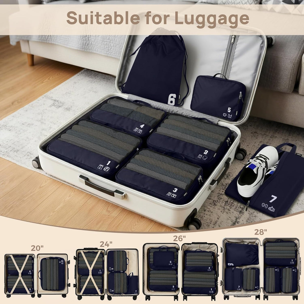 7 Set Compression Packing Cubes for Travel, Luggage Organizer Bags for Suitcases with Mesh Panels, Shoe Bag & Toiletry Bag for Carry On, Vacation & Cruise Essentials (White)