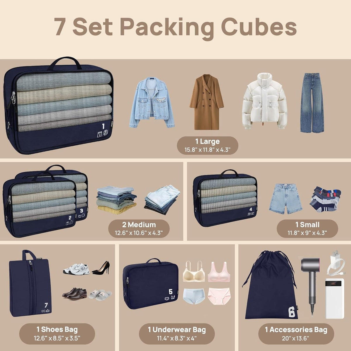 7 Set Compression Packing Cubes for Travel, Luggage Organizer Bags for Suitcases with Mesh Panels, Shoe Bag & Toiletry Bag for Carry On, Vacation & Cruise Essentials (White)