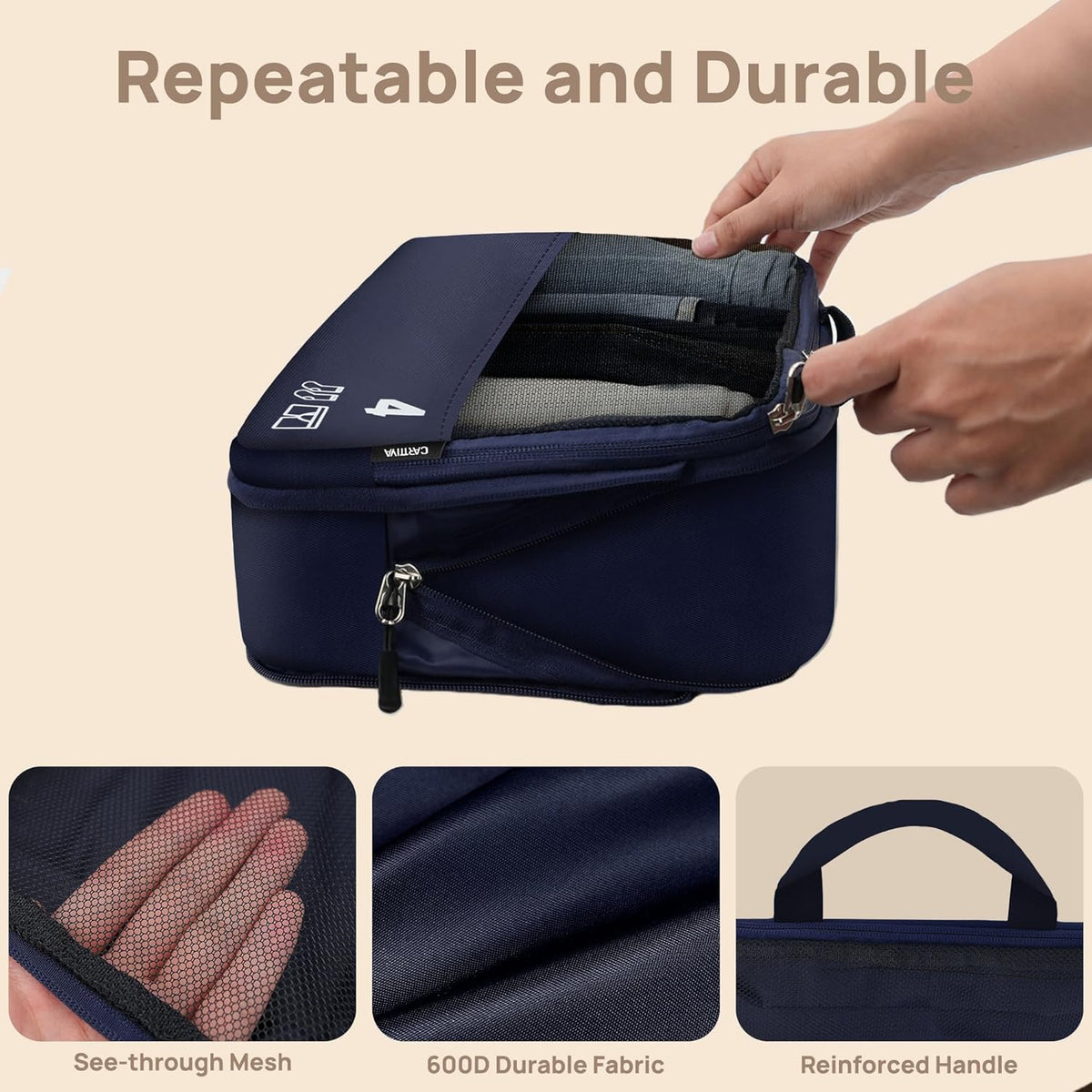 7 Set Compression Packing Cubes for Travel, Luggage Organizer Bags for Suitcases with Mesh Panels, Shoe Bag & Toiletry Bag for Carry On, Vacation & Cruise Essentials (White)