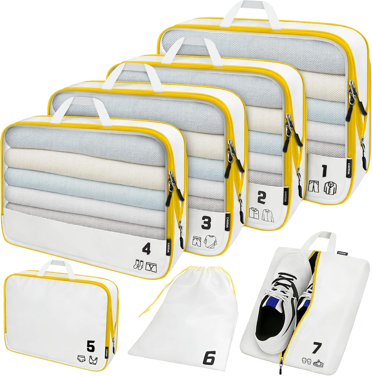 7 Set Compression Packing Cubes for Travel, Luggage Organizer Bags for Suitcases with Mesh Panels, Shoe Bag & Toiletry Bag for Carry On, Vacation & Cruise Essentials (White)