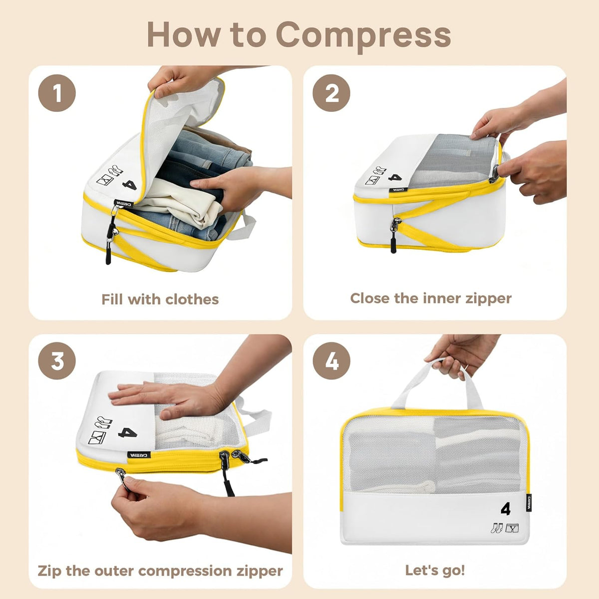 7 Set Compression Packing Cubes for Travel, Luggage Organizer Bags for Suitcases with Mesh Panels, Shoe Bag & Toiletry Bag for Carry On, Vacation & Cruise Essentials (White)