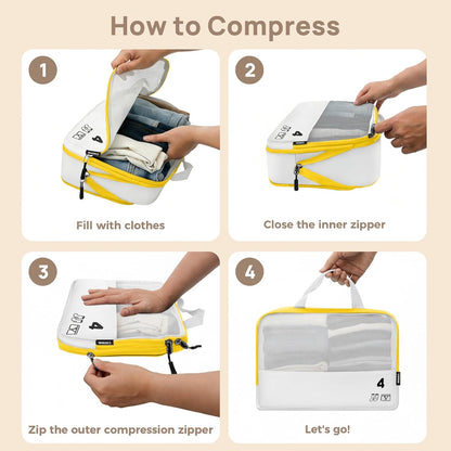 7 Set Compression Packing Cubes for Travel, Luggage Organizer Bags for Suitcases with Mesh Panels, Shoe Bag & Toiletry Bag for Carry On, Vacation & Cruise Essentials (White)