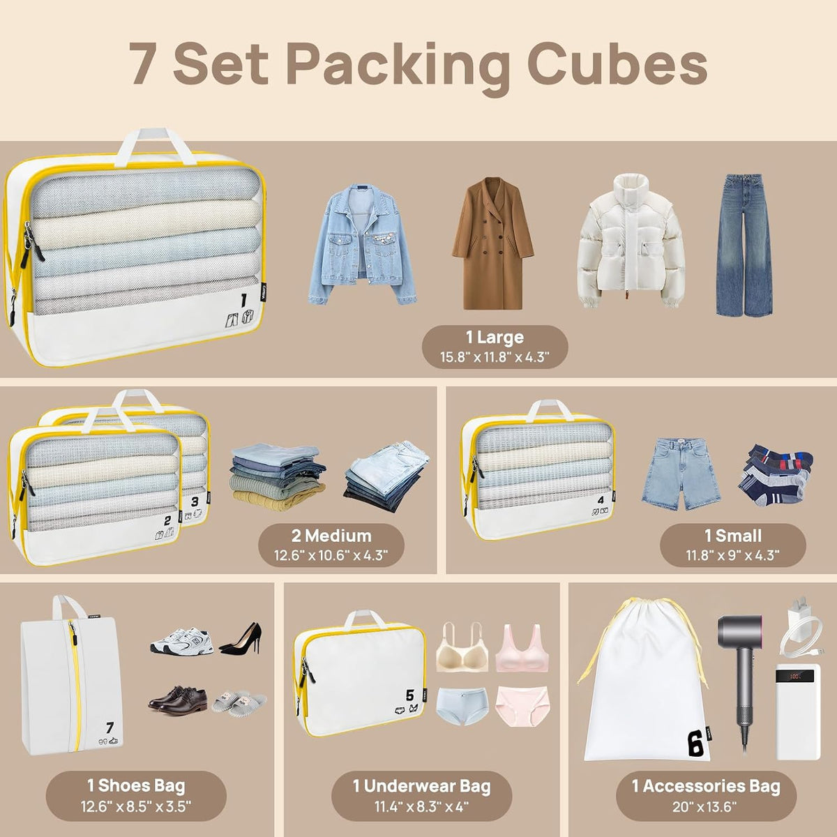 7 Set Compression Packing Cubes for Travel, Luggage Organizer Bags for Suitcases with Mesh Panels, Shoe Bag & Toiletry Bag for Carry On, Vacation & Cruise Essentials (White)