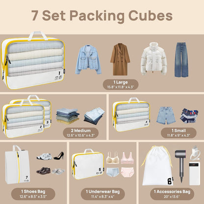 7 Set Compression Packing Cubes for Travel, Luggage Organizer Bags for Suitcases with Mesh Panels, Shoe Bag & Toiletry Bag for Carry On, Vacation & Cruise Essentials (White)