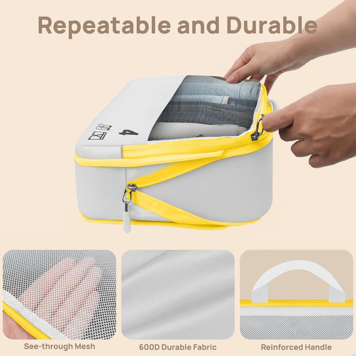 7 Set Compression Packing Cubes for Travel, Luggage Organizer Bags for Suitcases with Mesh Panels, Shoe Bag & Toiletry Bag for Carry On, Vacation & Cruise Essentials (White)
