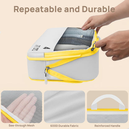 7 Set Compression Packing Cubes for Travel, Luggage Organizer Bags for Suitcases with Mesh Panels, Shoe Bag & Toiletry Bag for Carry On, Vacation & Cruise Essentials (White)