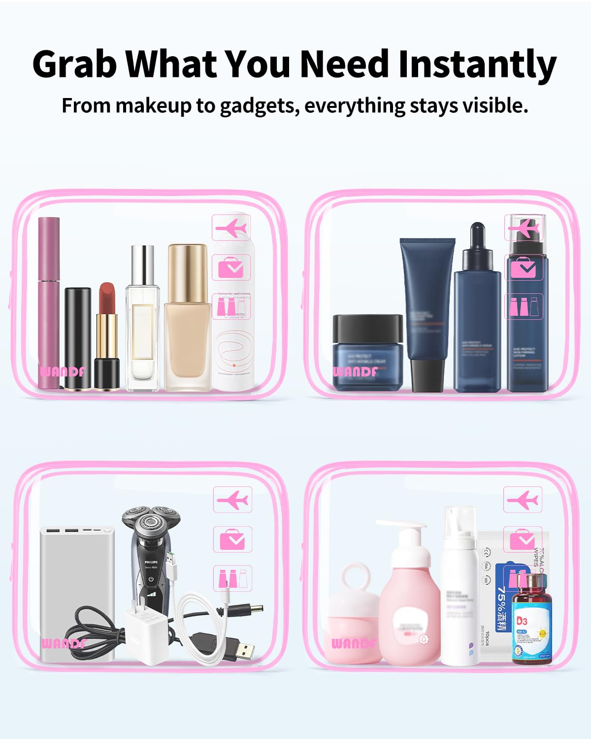 TSA Approved Toiletry Bag, 2 Pack Clear Makeup Bag | Quart Size, Airport Carry-On, TSA Liquids Travel Bag, Clear PVC, Women Men Travel Essentials