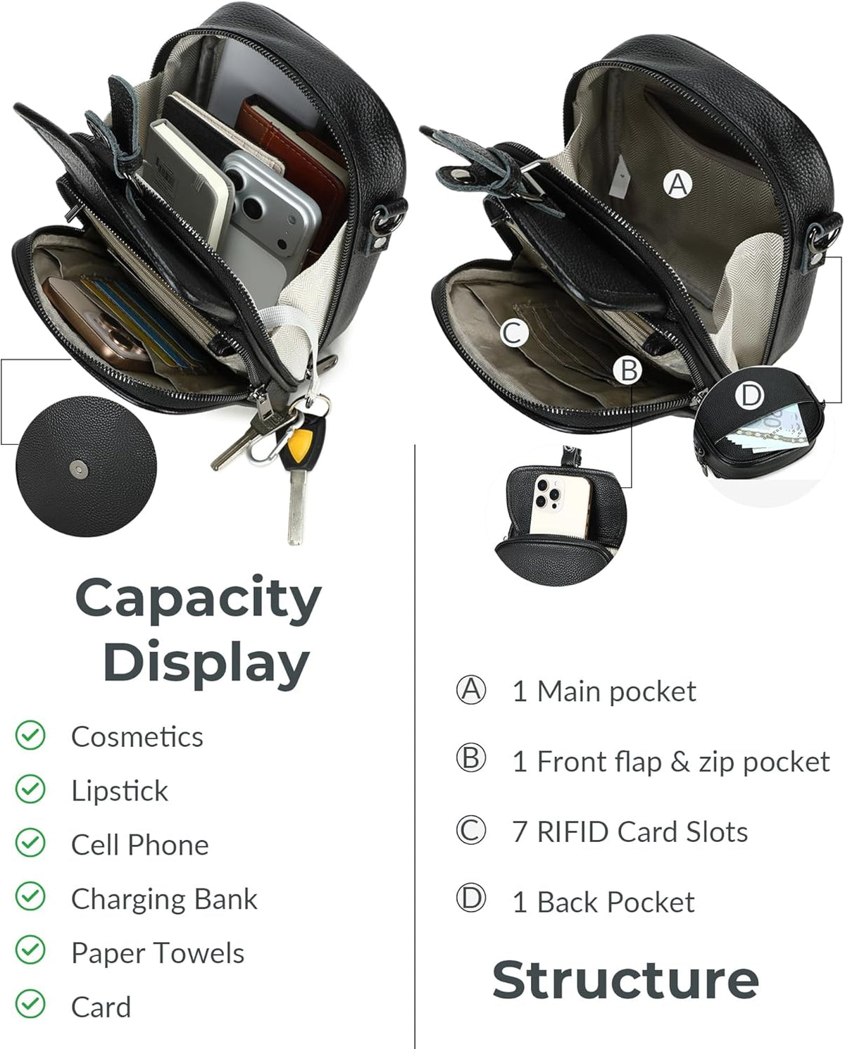 Genuine Leather Crossbody Bags for Women, RFID Blocking Anti Theft Phone Purse, Small Shoulder Bag with Wide Strap