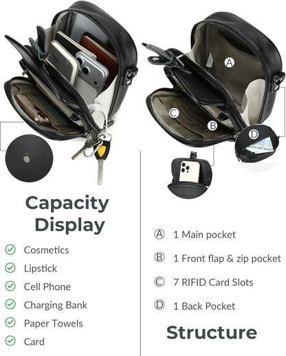 Genuine Leather Crossbody Bags for Women, RFID Blocking Anti Theft Phone Purse, Small Shoulder Bag with Wide Strap