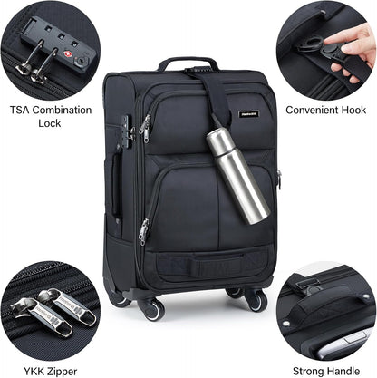 16 Inch Underseat Carry On Luggage With Wheels, Small Rolling Suitcase Lightweight Under Seat Carry On Bag, Airline Approved Personal Item Overnight Softside Travel Luggage Bag,Black