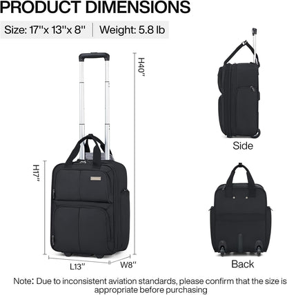 16 Inch Underseat Carry On Luggage With Wheels, Small Rolling Suitcase Lightweight Under Seat Carry On Bag, Airline Approved Personal Item Overnight Softside Travel Luggage Bag,Black