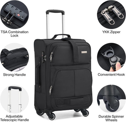 16 Inch Underseat Carry On Luggage With Wheels, Small Rolling Suitcase Lightweight Under Seat Carry On Bag, Airline Approved Personal Item Overnight Softside Travel Luggage Bag,Black