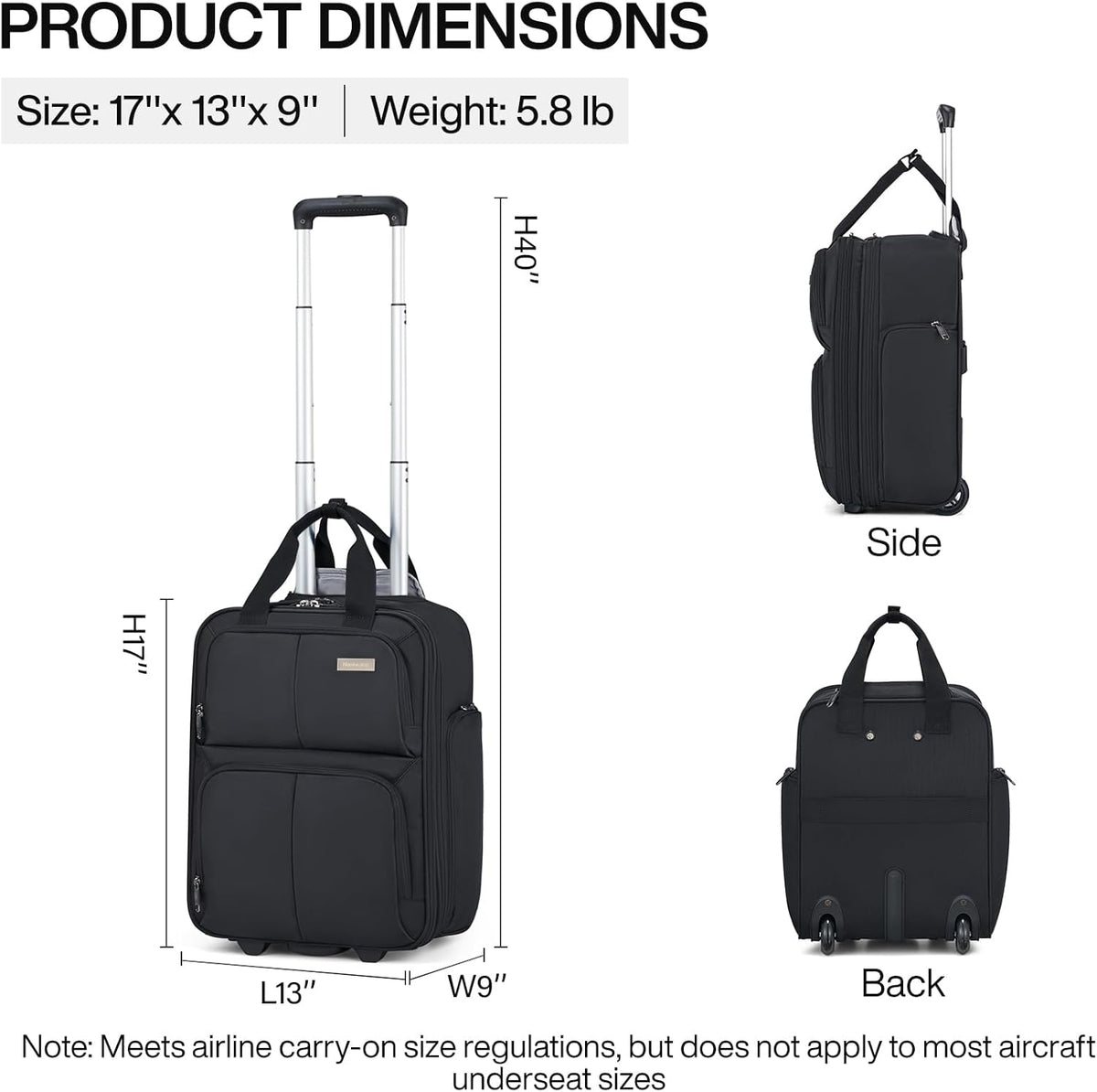 16 Inch Underseat Carry On Luggage With Wheels, Small Rolling Suitcase Lightweight Under Seat Carry On Bag, Airline Approved Personal Item Overnight Softside Travel Luggage Bag,Black