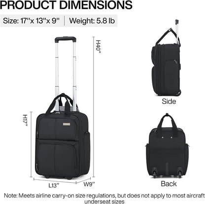 16 Inch Underseat Carry On Luggage With Wheels, Small Rolling Suitcase Lightweight Under Seat Carry On Bag, Airline Approved Personal Item Overnight Softside Travel Luggage Bag,Black
