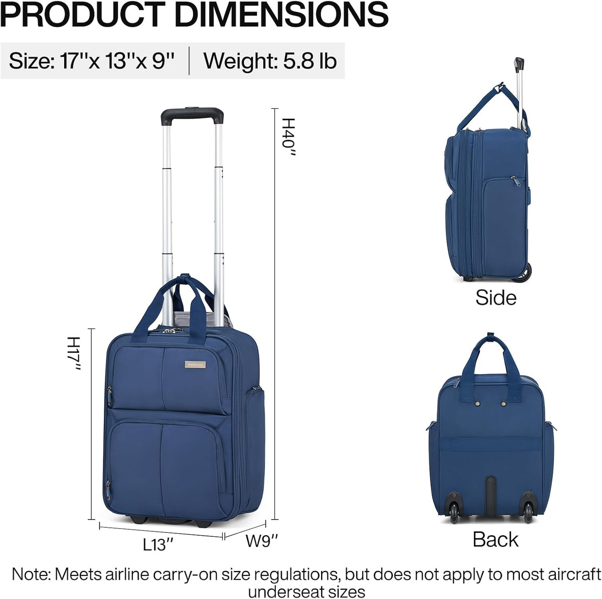 16 Inch Underseat Carry On Luggage With Wheels, Small Rolling Suitcase Lightweight Under Seat Carry On Bag, Airline Approved Personal Item Overnight Softside Travel Luggage Bag,Black