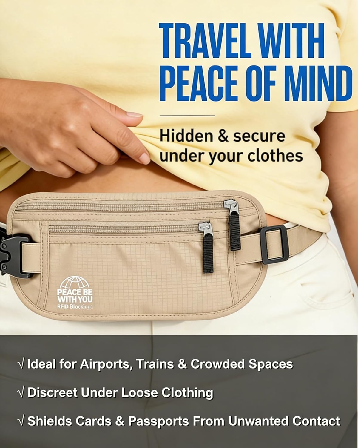 Hidden Money Belt for Travel, RFID Blocking, Sweat-Proof, Heavy-Duty Buckle, 3rd Gen Waist Wallet Anti Theft to Protect Cash, Credit Cards and Documents Under-Clothes for Men & Women, Black