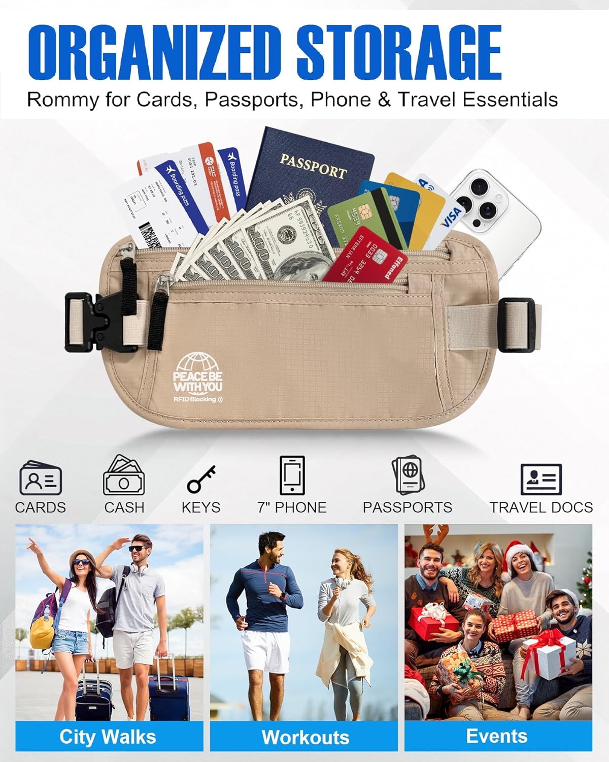 Hidden Money Belt for Travel, RFID Blocking, Sweat-Proof, Heavy-Duty Buckle, 3rd Gen Waist Wallet Anti Theft to Protect Cash, Credit Cards and Documents Under-Clothes for Men & Women, Black
