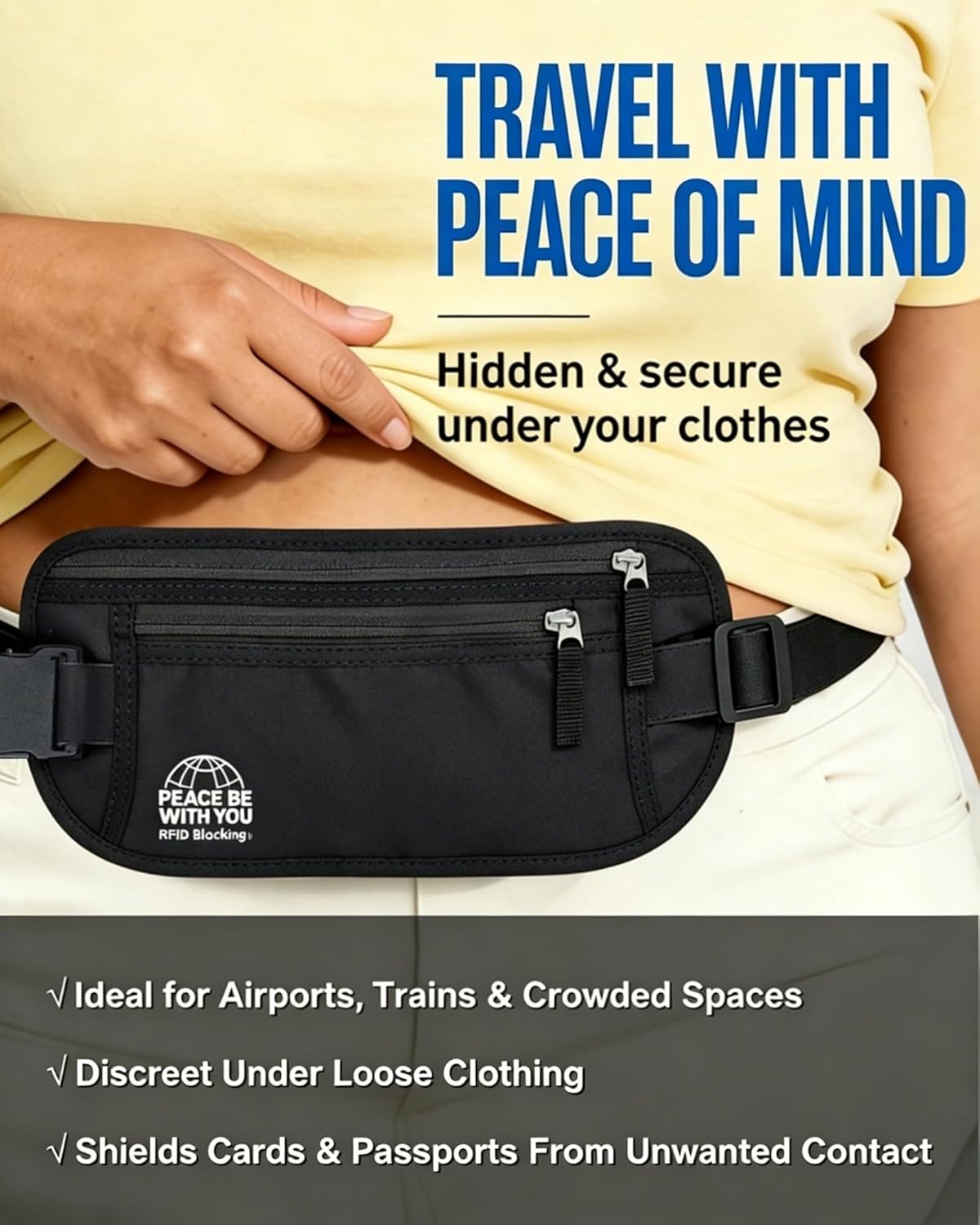Hidden Money Belt for Travel, RFID Blocking, Sweat-Proof, Heavy-Duty Buckle, 3rd Gen Waist Wallet Anti Theft to Protect Cash, Credit Cards and Documents Under-Clothes for Men & Women, Black