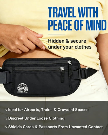 Hidden Money Belt for Travel, RFID Blocking, Sweat-Proof, Heavy-Duty Buckle, 3rd Gen Waist Wallet Anti Theft to Protect Cash, Credit Cards and Documents Under-Clothes for Men & Women, Black