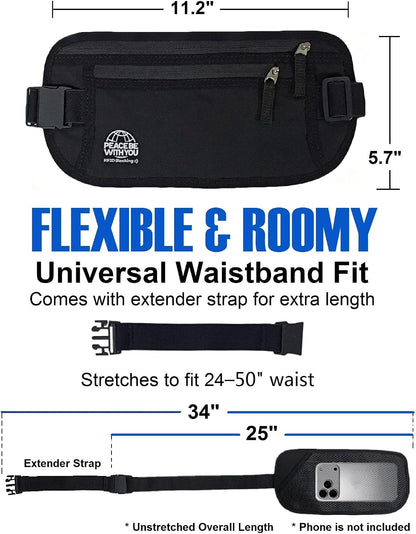 Hidden Money Belt for Travel, RFID Blocking, Sweat-Proof, Heavy-Duty Buckle, 3rd Gen Waist Wallet Anti Theft to Protect Cash, Credit Cards and Documents Under-Clothes for Men & Women, Black