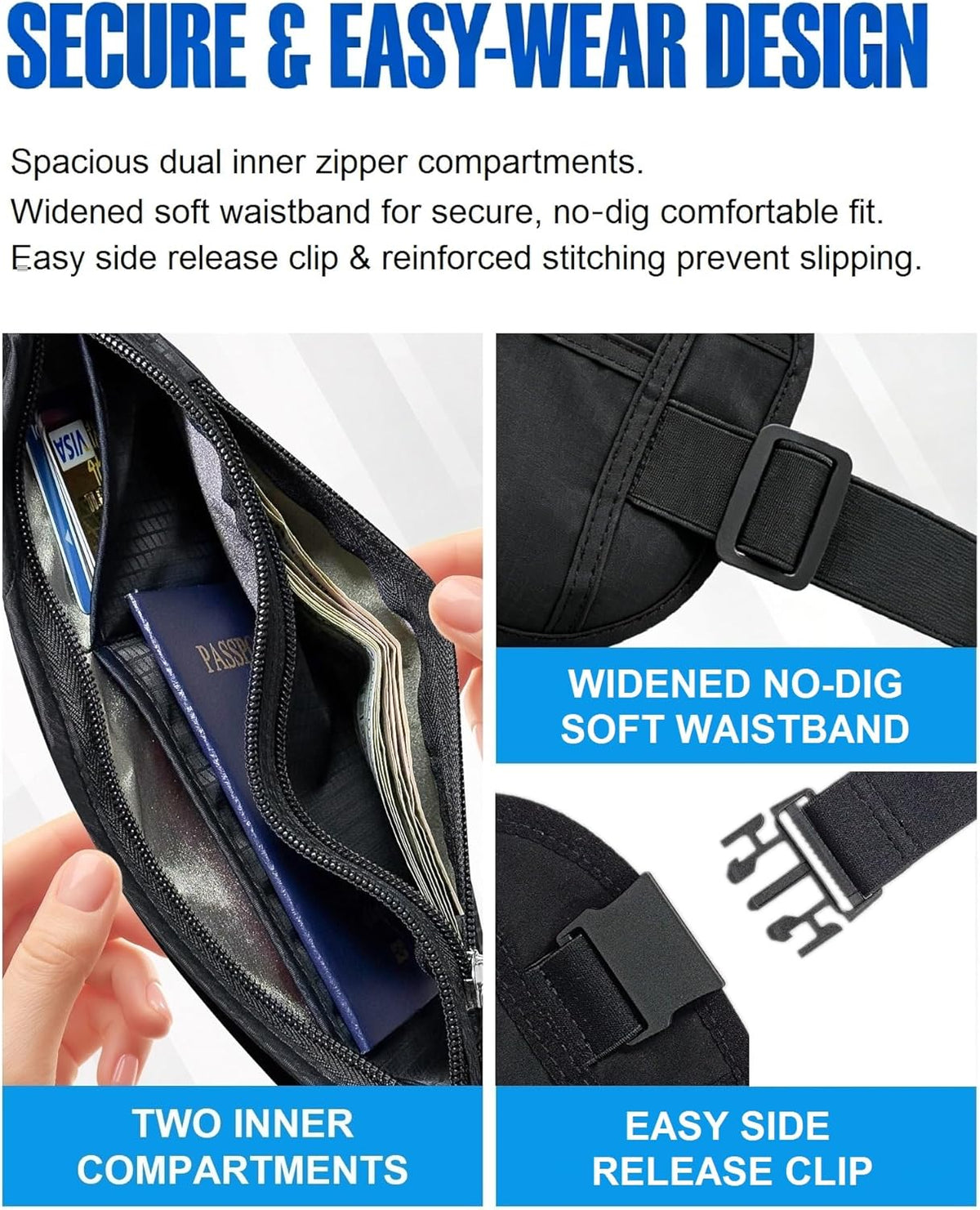 Hidden Money Belt for Travel, RFID Blocking, Sweat-Proof, Heavy-Duty Buckle, 3rd Gen Waist Wallet Anti Theft to Protect Cash, Credit Cards and Documents Under-Clothes for Men & Women, Black