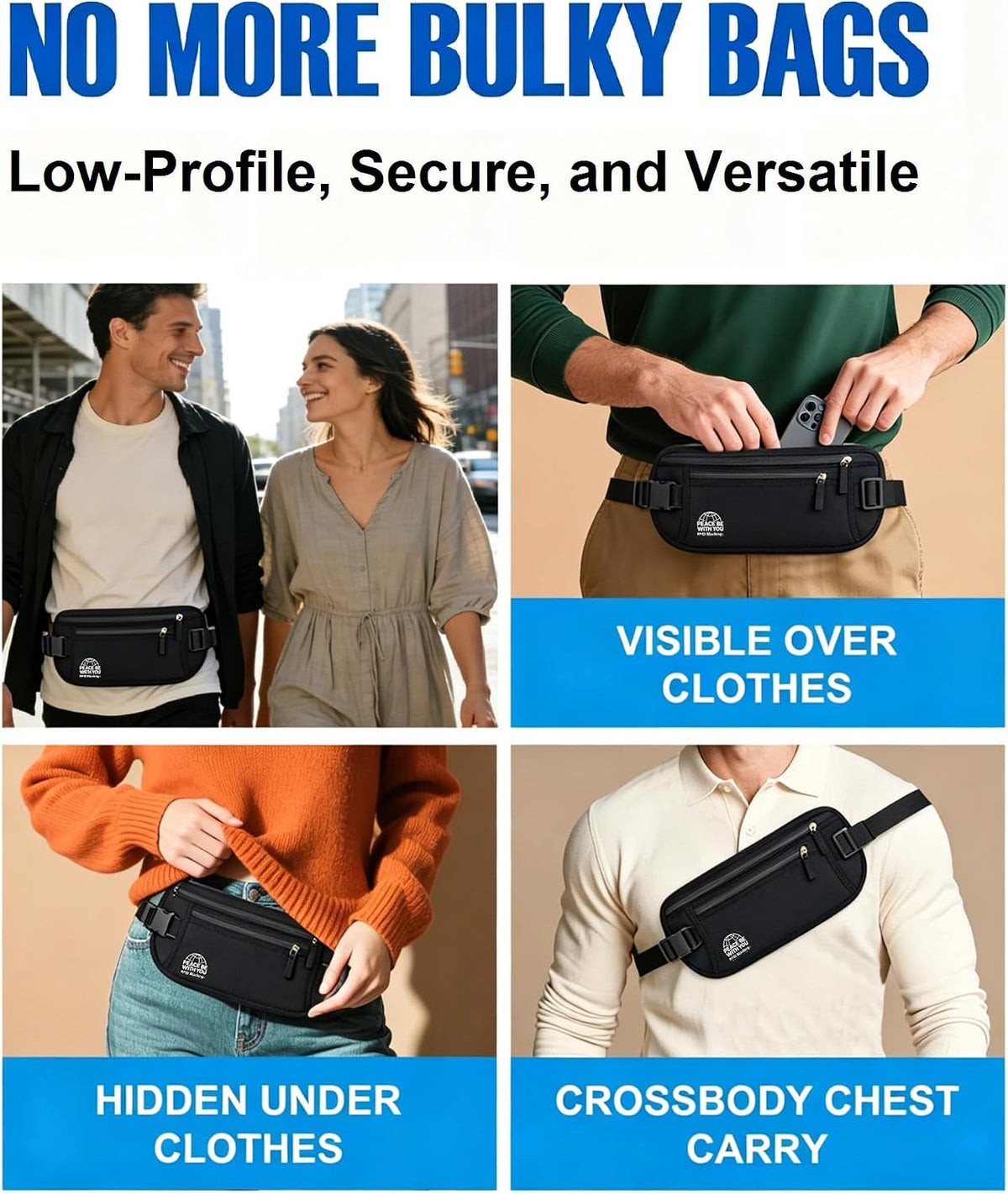 Hidden Money Belt for Travel, RFID Blocking, Sweat-Proof, Heavy-Duty Buckle, 3rd Gen Waist Wallet Anti Theft to Protect Cash, Credit Cards and Documents Under-Clothes for Men & Women, Black